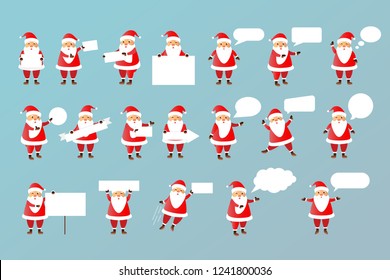Vector set of cartoon isolated Santa Claus character with white blank paper templates and speech bubbles for decoration and covering on the bright background. Concept of Merry Christmas and Happy New 