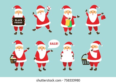 Vector set of cartoon isolated Santa Claus character with Black friday sale theme for decoration and covering on the bright background. Concept of sale and discount.
