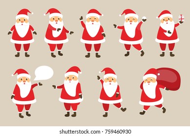 Vector set of cartoon isolated Santa Claus character for decoration and covering on the bright background. Concept of Merry Christmas and Happy New Year.