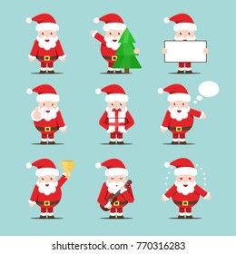 Vector set of cartoon isolated Santa Claus character for decoration and covering on the bright background. Concept of Merry Christmas and Happy New Year.