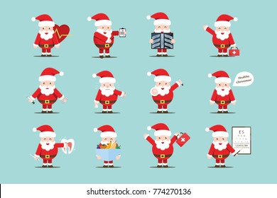Vector set of cartoon isolated Santa Claus character with medical and healthcare situations and poses for decoration and covering. Concept of Healthy Christmas and Happy New Year.