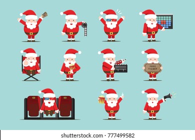 Vector set of cartoon isolated Santa Claus character in different poses with cinema equipment for decoration and covering. Concept of cinema, movie production and director profession.