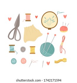 vector set of cartoon items. embroidery, colored threads, buttons and needles. seamstress set. hoop embroidery