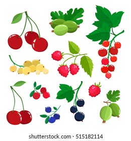 Vector set cartoon juicy cranberries, currants, raspberries, cherries, goos berries and blueberries with green leaves isolated on a white background. Bright berries branch.