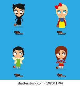 Vector Set Of Cartoon Kids With Halloween Costumes