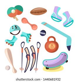 Vector set of cartoon kids sport equipment. Tennis racquets, skiing, state and baseball rasquet in one funny set of child summer sport and games equipments.
