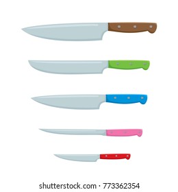 Vector set of cartoon knife isolated on white background used for magazine, book, poster, card, menu cover, web pages. Bright vector illustration of cooking elements.