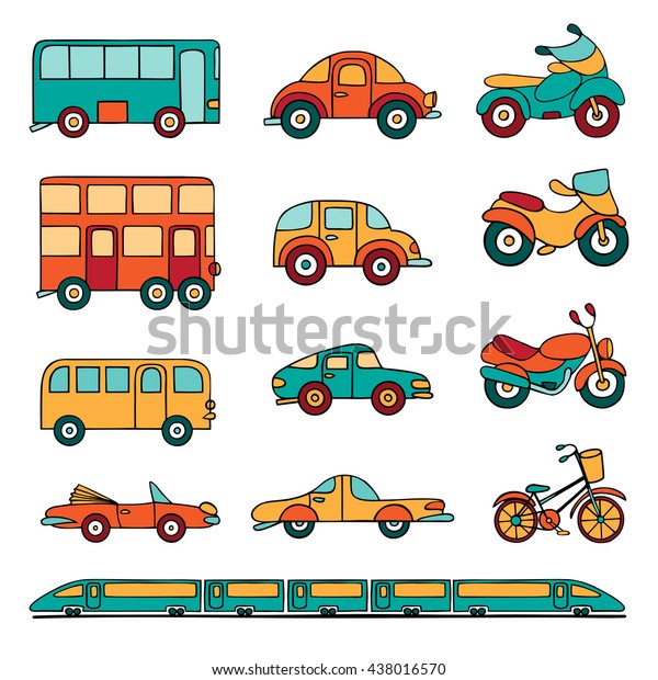 Vector set of\
cartoon land transport. Colorful cars, buses, motorcycles, and a\
train drawn by hand in cartoon\
style.