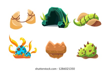 Vector set of cartoon landscape elements for fantastic mobile game. Cave, stones and green plants. Gaming assets