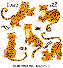 Vector set of cartoon leopards. Trendy hand drawn illustration.