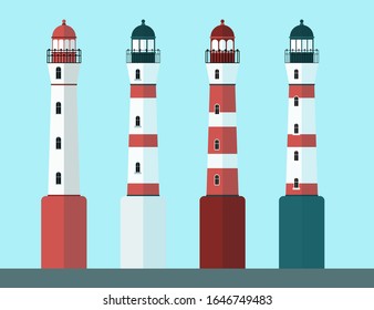 Vector Set of cartoon lighthouses in flat style isolated. Red, white and striped lighthouse on sea coast, ocean beach. Beam house, seaport, orientation. Collection of elements for design, minimalism