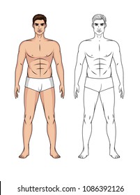 Vector set of cartoon and line art illustration of a handsome fit guy isolated from background. Paper doll of a man in front at full length
