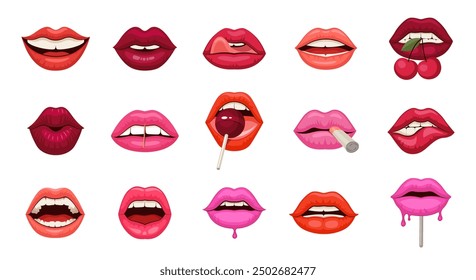 Vector Conjunto de labios de dibujos animados, diferentes emociones arte labial