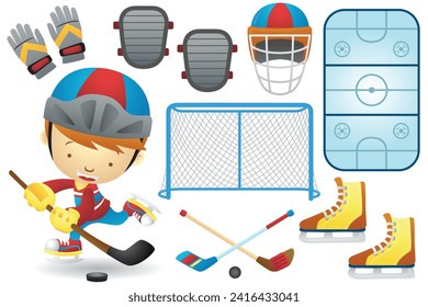 Vector set of cartoon little hockey player with hockey baseball elements