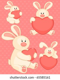Vector set of cartoon little toy rabbit with hearts