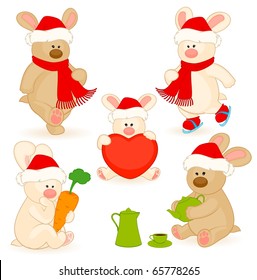Vector set of cartoon little toy rabbit with gifts