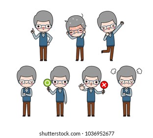 Vector set of cartoon man in casual cloth and wool waistcoat with different expression. Isolated on white background. Flat design. Colored vector illustration.