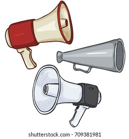 Vector Set of Cartoon Megaphones and Loudspeakers on Isolated White Background