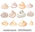 Vector set of cartoon meringues and creams isolated from background. Collection of sweet toppings. Tasty food cliparts for recipes, stickers