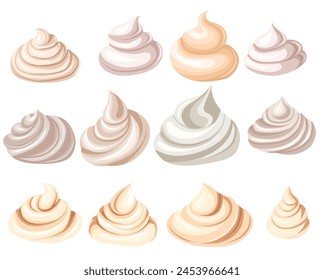 Conjunto de Vector de merengues y cremas de dibujos animados aislados del fondo. Colección de dulces. Clipart de comida sabrosa para recetas, pegatinas