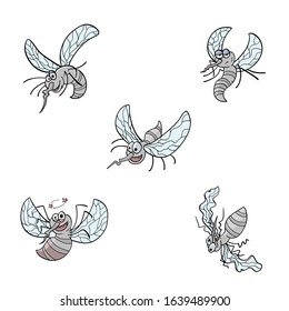 Vector set with cartoon mosquitoes. Vector crazy mosquitoes. Mosquitoes vector illustration on a white background.