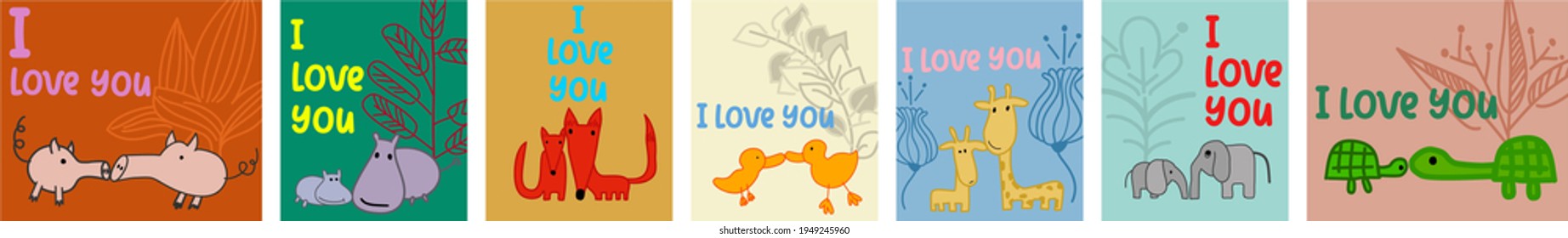 vector set of cartoon mother and child animals with text i love you