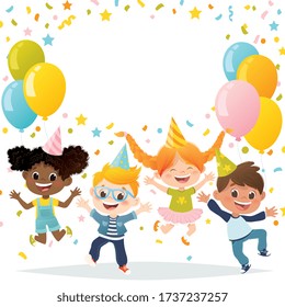 Vector set of cartoon multiracial kids jumping and laughing on birthday party. Invitation card design.