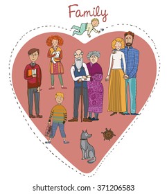 Vector set of cartoon, nice people. One big happy family and their pets. Love and harmony. You can use the spacecraft design elements and as a birthday card of the kid and the other a family holiday.