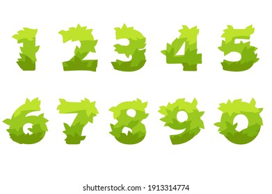 Vector set of cartoon numbers from green grass. Illustration of isolated group of numbers.