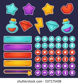 vector set of cartoon object and icons for graphical user interface to build 2D games
