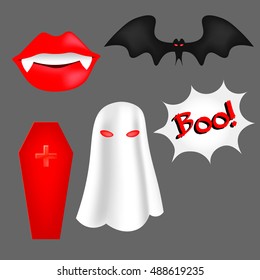 Vector set of cartoon objects for Halloween. Bat fangs, coffin, cross, Ghost. Elements for posters, postcards, invitations, labels.