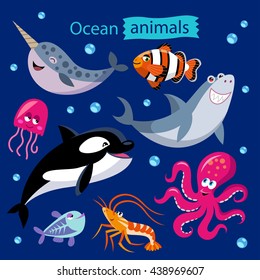 Vector set of cartoon ocean animals on a dark background. Childish illustration of narwhal, whale, shark, jellyfish, shrimp, octopus, x-ray fish and clown fish.