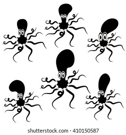Vector Set of Cartoon Octopus Silhouettes. Isolated on White Background.  Octopus Icon. Octopus Silhouette. Sea Animal Octopus. Octopus Cute. Octopus Set. Giant Squid Icon. Cartoon Giant Squid.