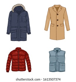 Vector Set of Cartoon Outdoor Clothes. Parka, Down Jacket, Waistcoat and Trench-Coat.