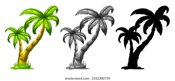 Conjunto de vectores de la palmera de caricatura con estilo de caricatura por gráfico. Perfecto para carteles, antecedentes, logo y diseño de pancartas para celebrar la temporada de verano.