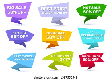 Vector set of cartoon paper origami style bright color sale badge on white background with shadow and text. Flat price speech bubble design for web, site, banner, advertising, sticker, tag