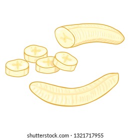 Vector Set of Cartoon Peeled Banana. Whole and Sliced