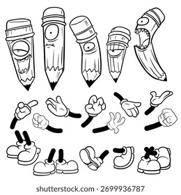 Conjunto de Vector Lápiz de Dibujos Animados Personaje Partes Paquete con Manos y Zapatos Blanco y Negro 