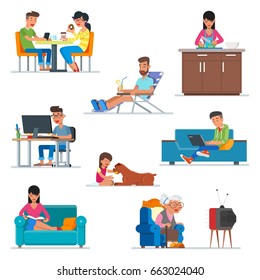 Vector Set Of Cartoon People Characters In Flat Style Design. Couple In Cafe, Woman Cooking At The Kitchen, Guy Working With Computer, Girl Playing With A Dog. People Icons Isolated On White