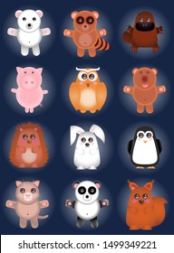 Vector set of cartoon pets and wild animals. Polar bear, raccoon, platypus, squirrel, hedgehog, penguin, pig, panda, bear, owl, rabbit, cat characters for web-design, printing, 