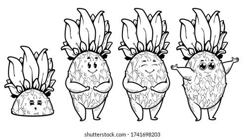 Vector set of cartoon pineapple characters isolated on white background, cute and funny emotions