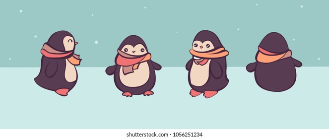 Vector set of cartoon pinguins in different views, convenient for animation design