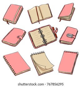 Vector Set of Cartoon Pink Notebooks, Notepads and Diaries