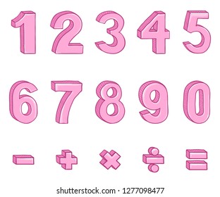 Vector Set of Cartoon Pink Numbers and Mathematical Signs. Arabic Figures From One till Nine.
