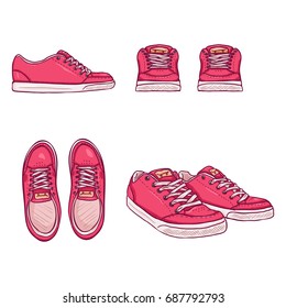 Vector Set of Cartoon Pink Skaters Shoes. Top, Side and Front Views