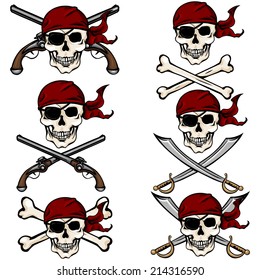 Vector Set of Cartoon Pirate Skulls in Red Bandana