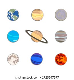 Vector set of cartoon planet icons isolated on white background, space, cosmos, galaxy, hand drawn flat 8 planets with shadows and the moon, solar system objects.