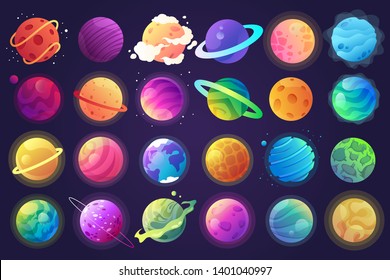 Векторный набор мультипликационных планет. Красочный набор изолированных объектов. Космический фон. Планеты-фантазии. ЭПС 10