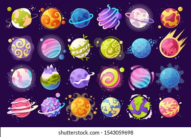 Vector set of cartoon planets. Colorful set of isolated objects. Space background. Fantasy planets. Colorful universe. Game design. EPS 10