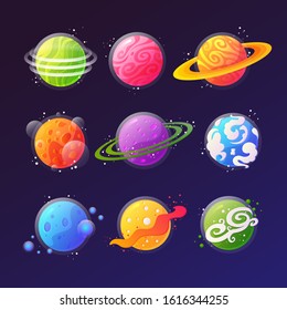 Vector set of cartoon planets. Colorful set of isolated objects. Space background. Fantasy planets. Space bodies color pack on purple background. Astronomy, planetary design elements collection.